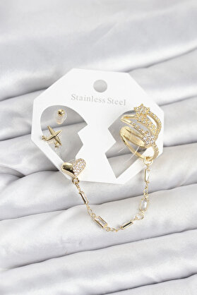 Buti̇k Kalp Yıldız Model Pi̇ri̇nç Gold Renk Zi̇nci̇r Bağlantılı Ear Cuff Küpe Seti̇