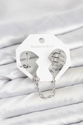 Buti̇k Pi̇ri̇nç Gümüş Renk Sarmal Model Zi̇nci̇r Bağlantılı Ear Cuff Küpe Seti̇