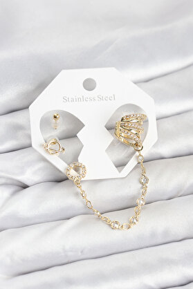 Evi̇mdeyokyok Uzay Model Pi̇ri̇nç Gold Renk Zi̇nci̇r Bağlantılı Ear Cuff Küpe Seti̇ Tj-Bkp11546
