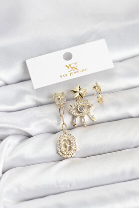 Buti̇k Pi̇ri̇nç Gold Renk Göz Ve Kutup Yıldızı Model Ysx Tri̇o Küpe Seti̇