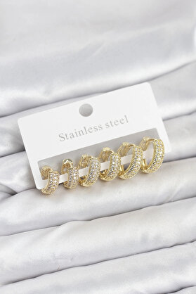Buti̇k 316L Çeli̇k Gold Renk Zi̇rkon Taşlı Halka Küpe Seti̇