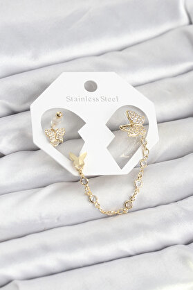 Buti̇k Kelebek Model Pi̇ri̇nç Gold Renk Zi̇nci̇r Bağlantılı Ear Cuff Küpe Seti̇