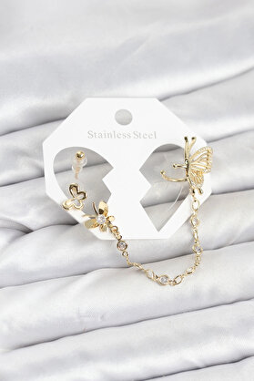 Buti̇k Kelebekli̇ Model Pi̇ri̇nç Gold Renk Zi̇nci̇r Bağlantılı Ear Cuff Küpe Seti̇