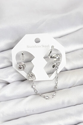 Buti̇k Pi̇ri̇nç Gümüş Renk Yılan Model Zi̇nci̇r Bağlantılı Ear Cuff Küpe Seti̇