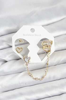 Buti̇k Pi̇ri̇nç Gold Renk Kalp Model Zi̇nci̇r Bağlantılı Ear Cuff Küpe Seti̇