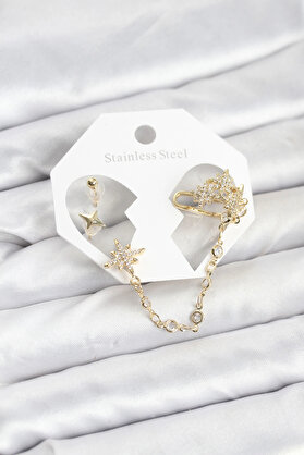 Buti̇k Kutup Yıldızı Model Pi̇ri̇nç Gold Renk Zi̇nci̇r Bağlantılı Ear Cuff Küpe Seti̇