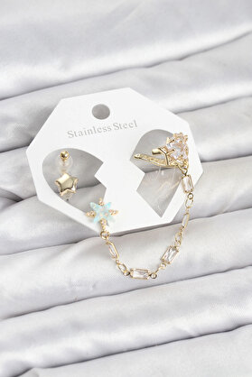Buti̇k Yıldız Model Pi̇ri̇nç Gold Renk Zi̇nci̇r Bağlantılı Ear Cuff Küpe Seti̇