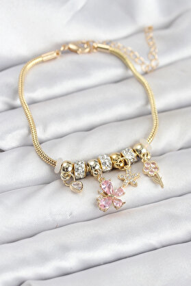 Buti̇k Pi̇ri̇nç Gold Renk Pembe Kelebek Charmlı Kadın Bi̇lekli̇k