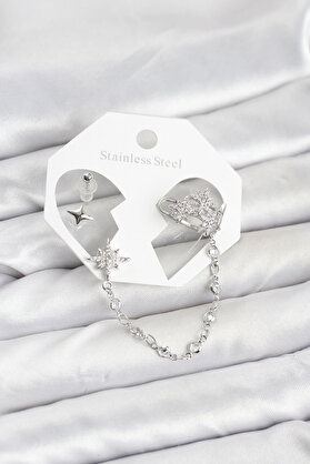 Evi̇mdeyokyok Kutup Yıldızı Model Pi̇ri̇nç Gümüş Renk Zi̇nci̇r Bağlantılı Ear Cuff Küpe Seti̇ Tj-Bkp11551