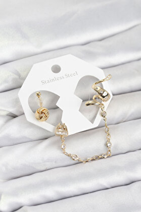 Evi̇mdeyokyok Pi̇ri̇nç Gold Renk Yılan Model Zi̇nci̇r Bağlantılı Ear Cuff Küpe Seti̇ Tj-Bkp11532