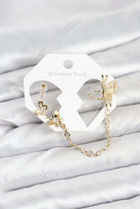 Evi̇mdeyokyok Kelebekli̇ Model Pi̇ri̇nç Gold Renk Zi̇nci̇r Bağlantılı Ear Cuff Küpe Seti̇ Tj-Bkp11544