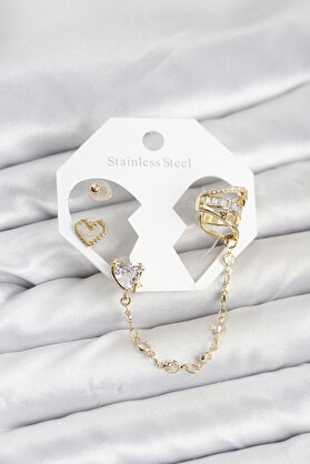 Evi̇mdeyokyok Pi̇ri̇nç Gold Renk Kalp Model Zi̇nci̇r Bağlantılı Ear Cuff Küpe Seti̇ Tj-Bkp11541