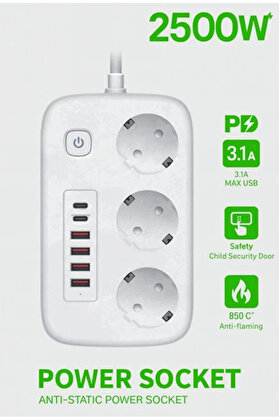 Evimdeyokyok Akım Korumalı Priz Ve Masaüstü Şarj İstasyonu Kablosuz 3 Priz ,4 Usb, 2 Type-C Girişli 2 Metre