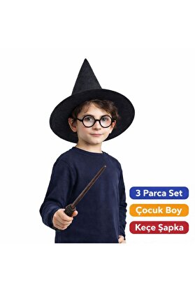 Ethab Ticaret Harry Potter Tarzı Çocuk Seti (Siyah Keçe Şapka, Asa, Gözlük)