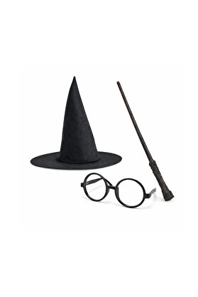 Evimdeyokyok Harry Potter Tarzı Çocuk Seti - Siyah Keçe Şapka, Asa, Gözlük