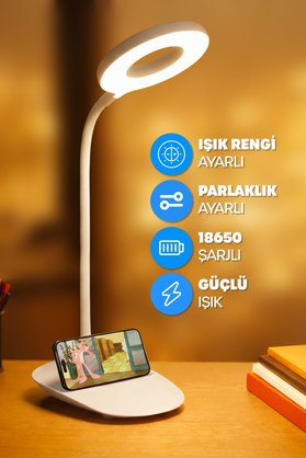 Telvesse Şarjlı Masa Lambası Dokunmatik 3 Renk 24 Led Telefon Standlı Kademeli Çalışma Okuma Işığı