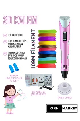 ORH Market Pembe 3d Kalem 3d Pen Yazıcı Kalem – Çok Renkli Pla Filament Usb Kablo