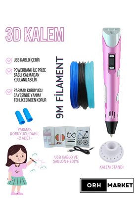 ORH Market Pembe 3d Kalem 3d Pen Yazıcı Kalem – 3 Adet 3 Metrelik Pla Filament Usb Kablo