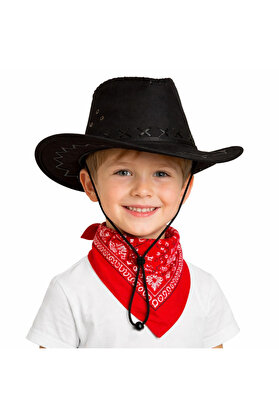 Evi̇mdeyokyok Çocuk Kovboy Şapka Si̇yah Kırmızı Bandana Seti̇