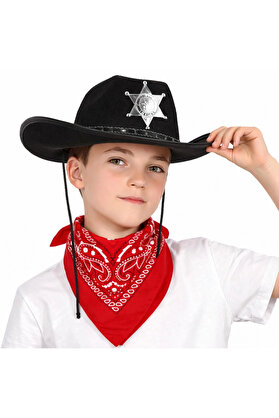 Evi̇mdeyokyok Çocuk Kovboy Şapka Rozetli̇ Si̇yah Kırmızı Bandana Seti̇