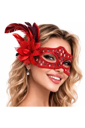 Evi̇mdeyokyok Kırmızı Tüylü Balo Maskesi̇ Kadın Parti̇ Aksesuarı