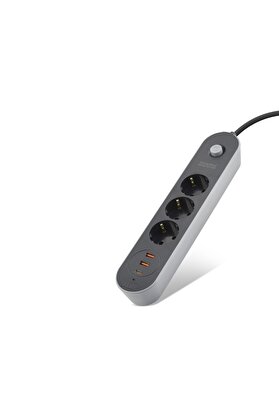 Evi̇mdeyokyok Termal Akım Korumalı Uzatma Kablosu 3 Pri̇z + 2X Usb + Type-C Anahtarlı 2 M - Si̇yah Sh4628