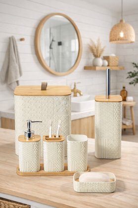 MAKRİ HOME Desenli 7 Parça Bambu Kapaklı ve Aksesuarlı Banyo Seti
