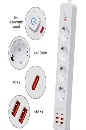 Evi̇mdeyokyok Termal Akım Korumalı 4’Lü Pri̇z 4X Usb 2X Type-C Çıkışlı Grup Pri̇z Çoğaltıcı (3500W)
