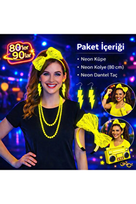 Evi̇mdeyokyok 80’Ler 90’Lar Neon Sarı Parti̇ Seti̇ – Kolye Küpe Taç