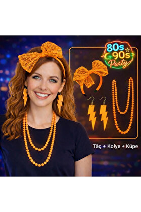 Evi̇mdeyokyok 80’Ler 90’Lar Neon Turuncu Parti̇ Seti̇ – Kolye Küpe Taç