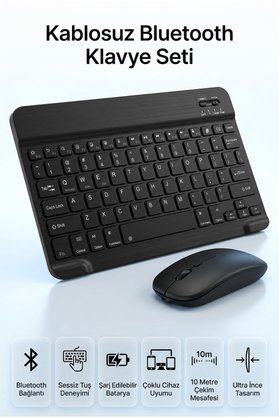 Arfseb Kablosuz Klavye Mouse Seti Telefon Tablet ve PC Uyumlu Wireless Sessiz Slim Tasarım- Siyah