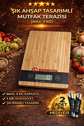 REDMOON Ahşap Lüks Dijital Ekranlı 5 Kg 1 Gr Çok Şık Hassas Elektronik Mutfak Terazisi