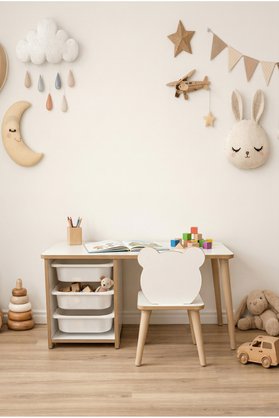 POFİTTO Çocuk Masa Sandalye Takımı-3 Sepetli Çocuk Çalışma Masası Aktivite Masası Yaz-sil Panda Sandalye