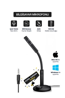 Concord HD Ses Gürültü Önleyicili Bilgisayar Mikrofonu Aux 3.5mm 2 Boğumlu