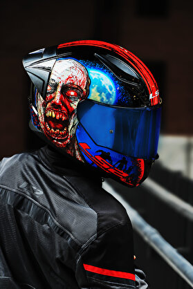LS2 Rapıd 2 Race Zombıe Siyah-Kırmızı Kask- Mavi vizör + spoıler
