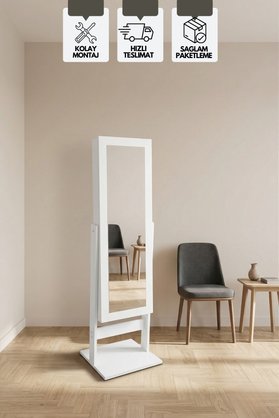 KAREN BANYO Aynalı Takı Dolabı Çok Amaçlı Ayaklı Takı Dolabı Beyaz
