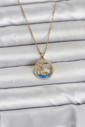 Tj 316L Çelik Zincir Gold Renk Zirkon Taşlı Deniz Temalı Kadın Kolye Tj-Bko11032