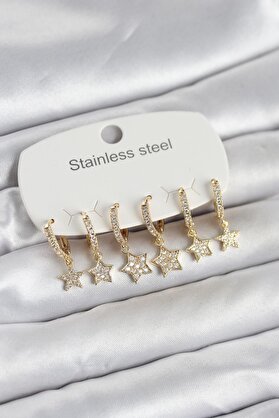 Evi̇mdeyokyok 316L Çeli̇k Gold Renk 6 Lı Set Yıldız Model Kadın Küpe - Tj-Bkp11751