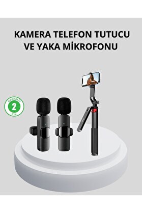 Ethab Giyim Kablosuz Çift Yaka Mikrofonu Ve Tripodlu Selfie Çubuğu İçerik Üretici Seti - Glst4781-4598