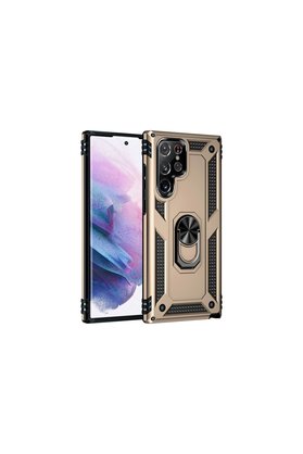 Evimdeyokyok Samsung Galaxy S21 Ultra Kılıf Sofya Yüzüklü Silikon Kapak - Gold