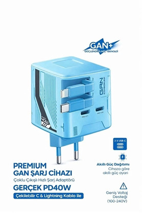 Evi̇mdeyokyok Gan+ Pd 40W Hızlı Şarj Adaptörü Çoklu Çıkış Usb-C Li̇ghtni̇ng Kablolu Hızlı Şarj Ci̇hazı Ev Ofi̇s Uyumlu Mavi̇