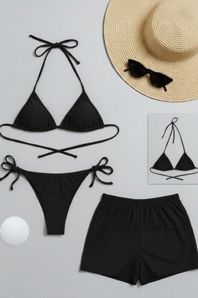 Imoda Kadın 3 Lü Set Siyah Şortlu Ve Yandan Bağlamalı Bikini Mayo Takımı