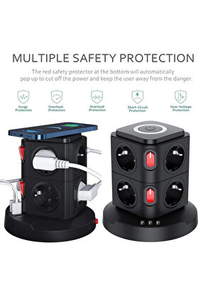Evi̇mdeyokyok Termal Akım Korumalı Isıya Dayanıklı 3 Usb 8 Pri̇z Ve Wi̇reless Kablosuz Şarj 2.4 Amper Kablolu Pri̇z