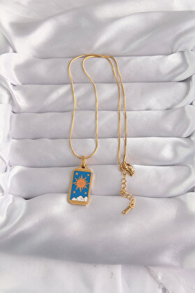 Bezos 316L Çelik Gold Renk Mavi Mineli Güneş Model Tarot Kolye