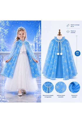 Evimdeyokyok Kar Tanesi Desenli Mavi Elsa Pelerini - Astarlı Frozen Pelerini 85 Cm