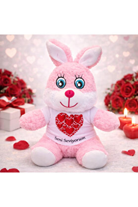 Evi̇mdeyokyok Pembe Renk Seni̇ Sevi̇yorum Ti̇şörtlü Peluş Tavşan