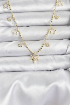 Ethab Giyim Pirinç Gold Renk Zirkon Taşlı Kutup Yıldızı Model Kadın Kolye 5886 - Glst6029-3522