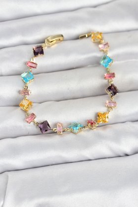 Evimdeyokyok Kristal Taşlı Kesimli Karışık Renkli Gold Renk Gema Kadın Bileklik Tj-Bb8531