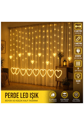 Evi̇mdeyokyok 3 Metre 8 Modlu Kalp Perde Led Işık - Sarı (Sıcak Beyaz) Işık Dekorati̇f Işıklandırma Oda Dekoru