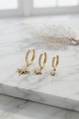Evi̇mdeyokyok Gold Renk Kutup Yıldız Model 3 Lü Küpe Seti̇ Tj-Bkp11952